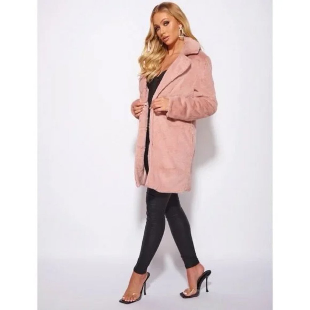 Pink Faux Fur Long Sleeve Lapel Collar Loose Fit Oversized Coat - Picture 11 of 17